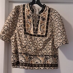 Anthropologie Bohemian Peasant Puff Style Sleeve Black & Cream Patterned Blouse